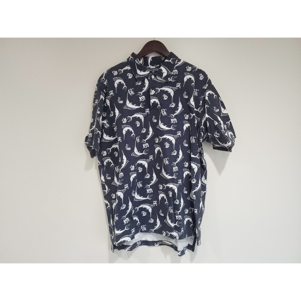 Vtg Y2K Polo Sport Ralph Lauren Polo Shirt Mens 2XL Navy Swordfish Allover Print